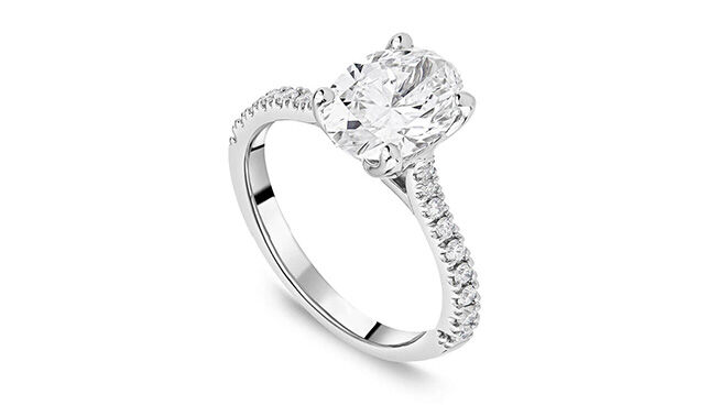 Platinum engagement ring with 2.20ct lab-grown oval diamond and diamond pav&eacute; band, Born collection